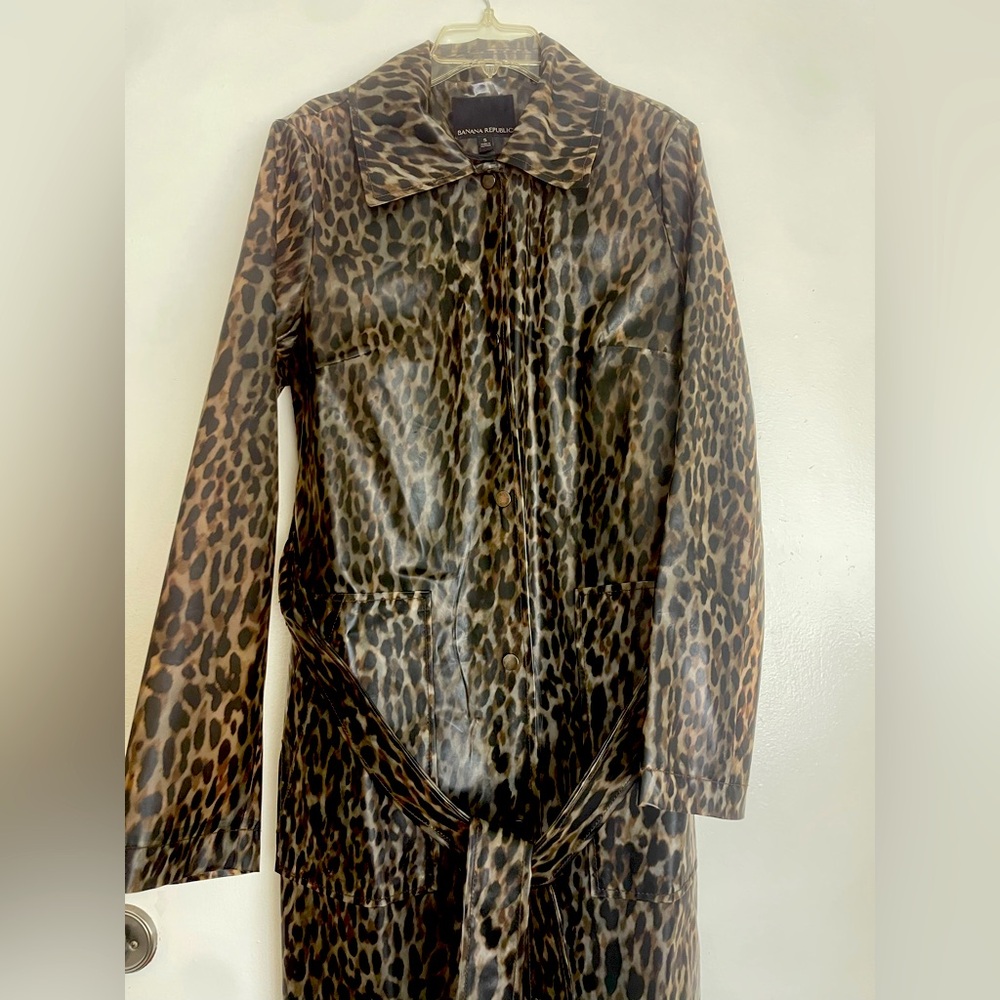 “RARE”Chic Style Banana Republic Black n Brown Leopard Rain Trench Coat Timeless